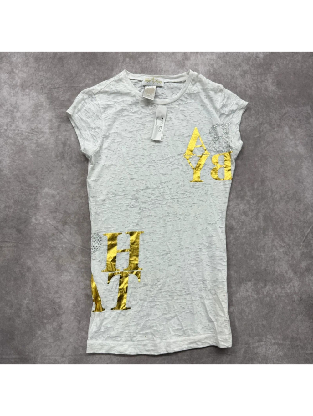 Vintage Y2K Baby Phat Gold Rhinestone Spellout Burnout Tee Size Medium NWT